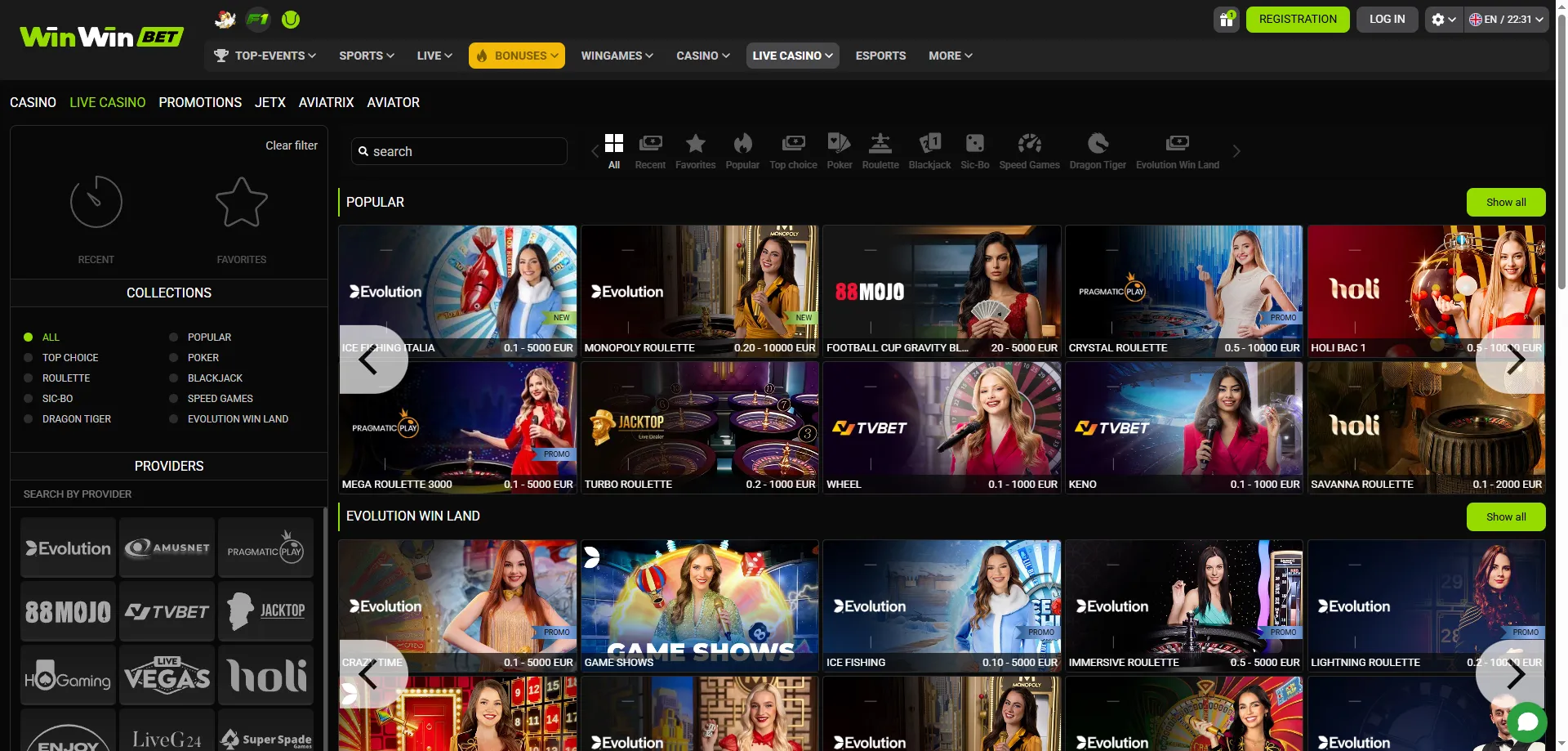 Casino en direct WinWin Bet &mdash; croupiers HD Evolution et Pragmatic Play