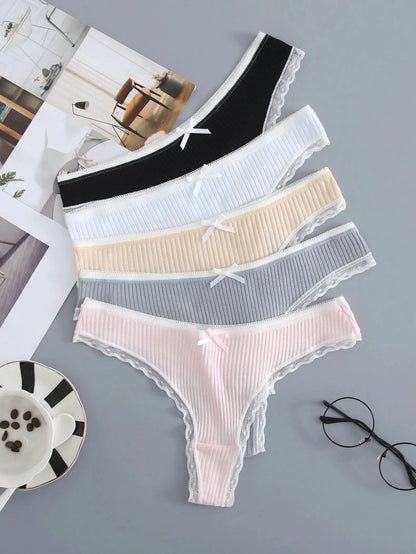 Lot de 5 string en coton pour femmes couleur unie taille basse