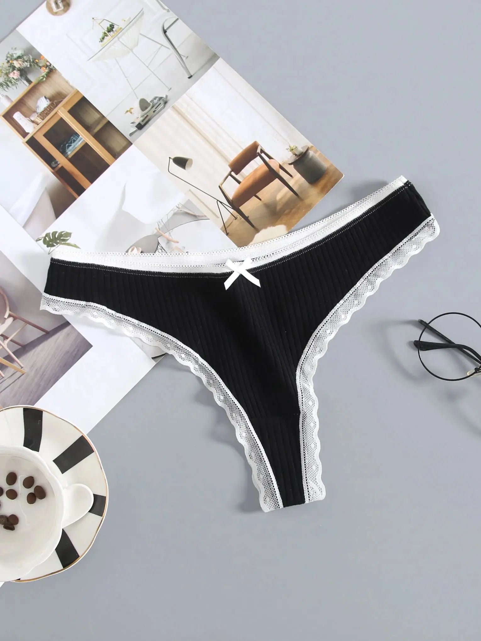 Lot de 5 string en coton pour femmes couleur unie taille basse