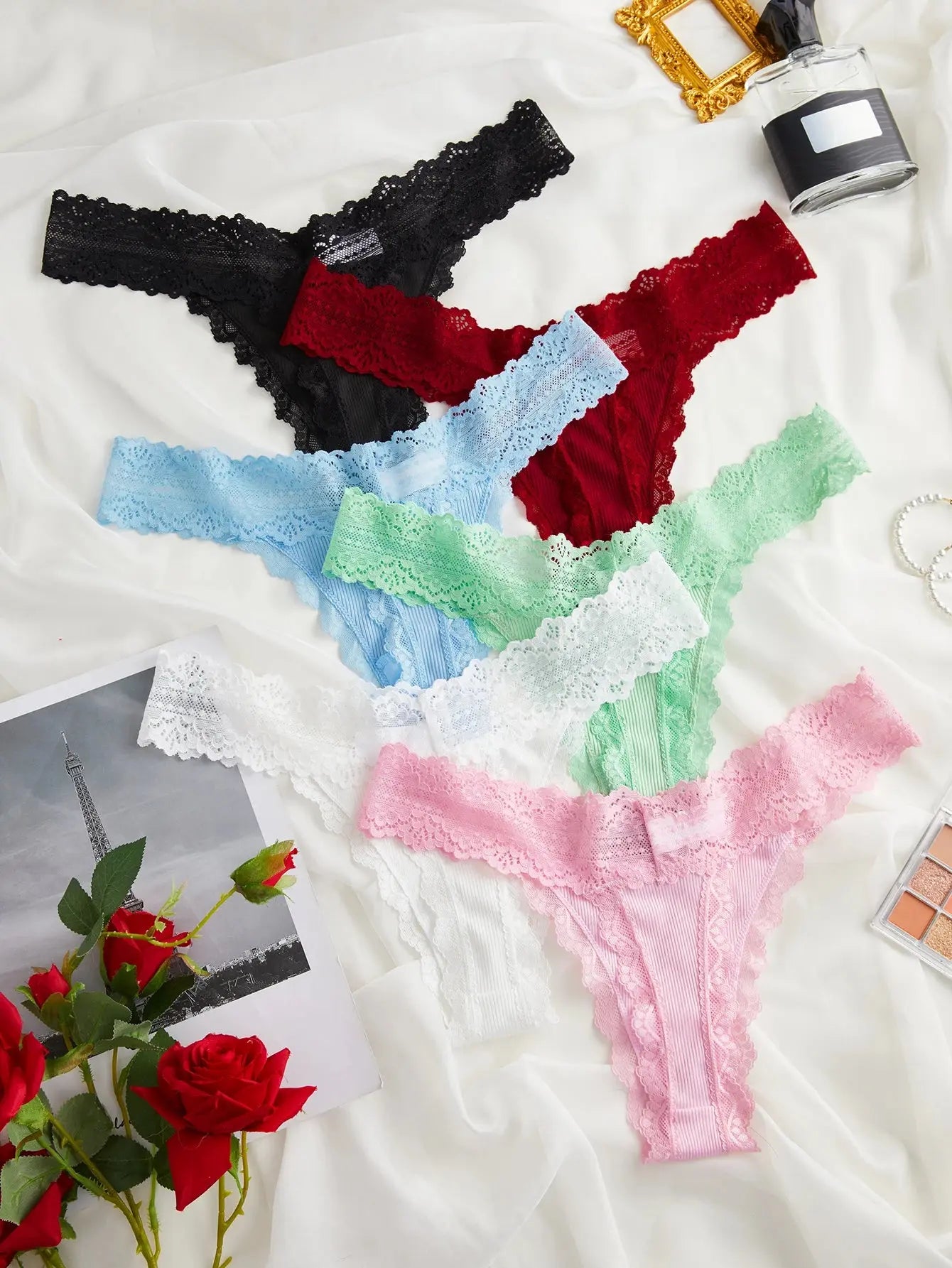 Lot de 6 culottes florales en dentelle pour femmes taille basse