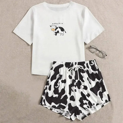 Pyjama 2 pièces imprimé léopard pour femme manches courtes