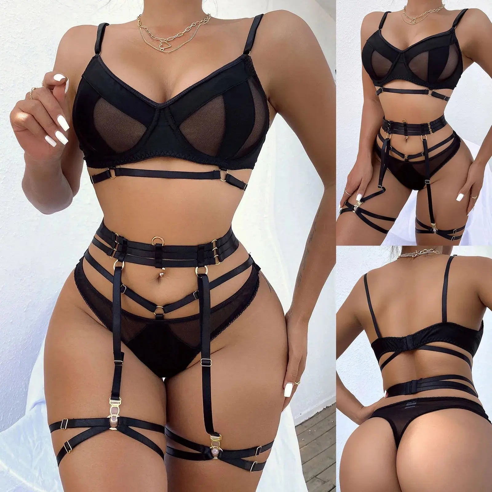 Ensemble Lingerie Sexy femme dentelle noire trois pieces