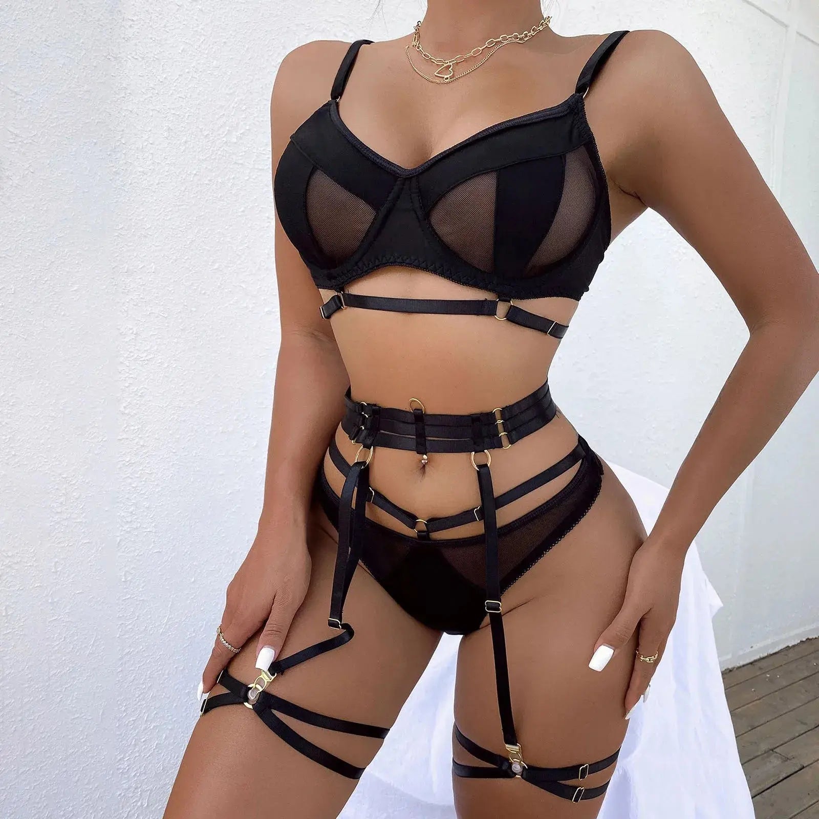 Ensemble Lingerie Sexy femme dentelle noire trois pieces