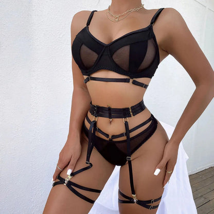 Ensemble Lingerie Sexy femme dentelle noire trois pieces
