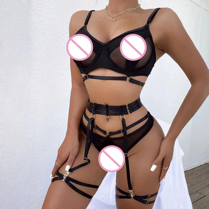 Ensemble Lingerie Sexy femme dentelle noire trois pieces