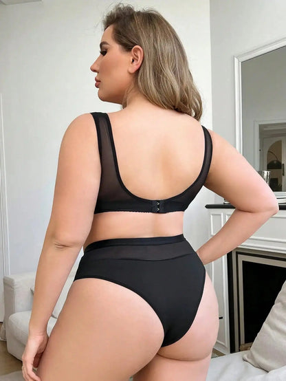 Ensemble soutien-gorge en maille noir, adapté aux femmes rondes