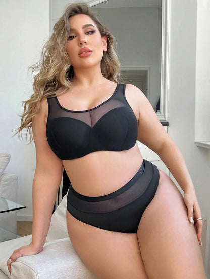 Ensemble soutien-gorge en maille noir, adapté aux femmes rondes
