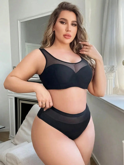 Ensemble soutien-gorge en maille noir, adapté aux femmes rondes