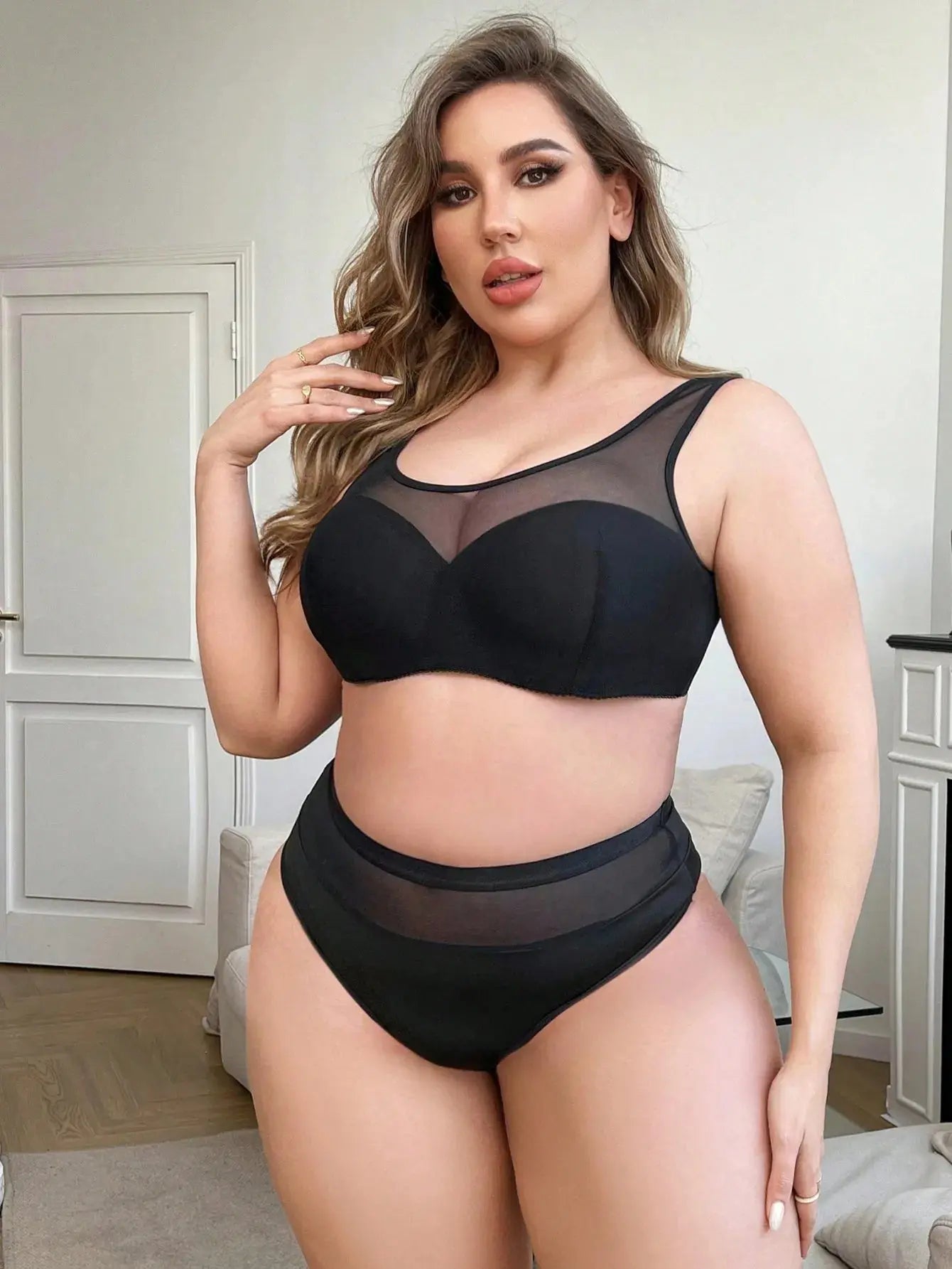 Ensemble soutien-gorge en maille noir, adapté aux femmes rondes
