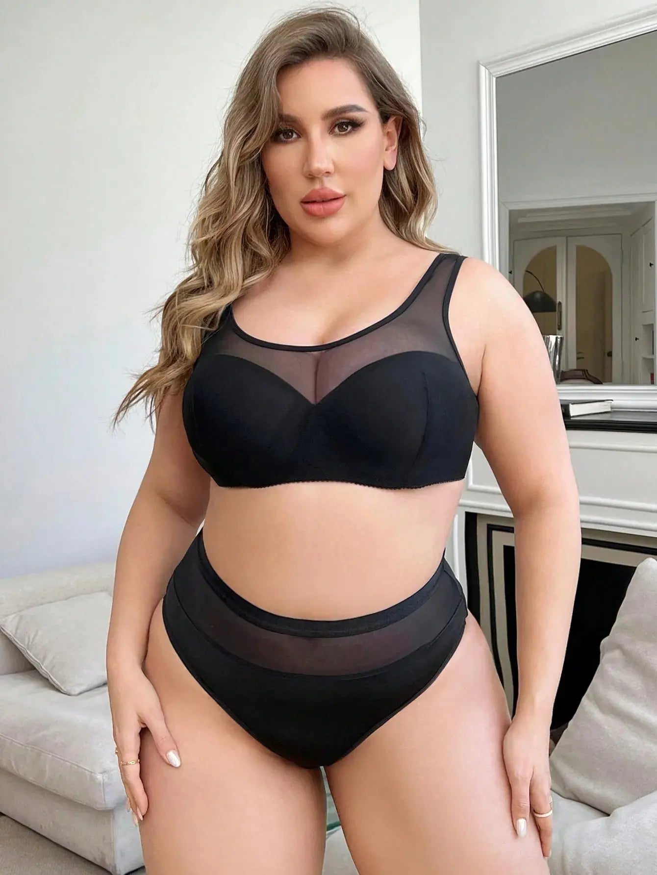 Ensemble soutien-gorge en maille noir, adapté aux femmes rondes